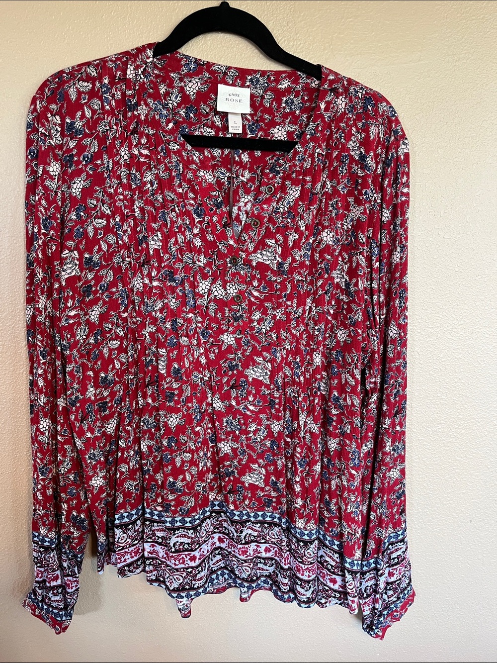 Knox Rose Red Floral V neck Boho Blouse